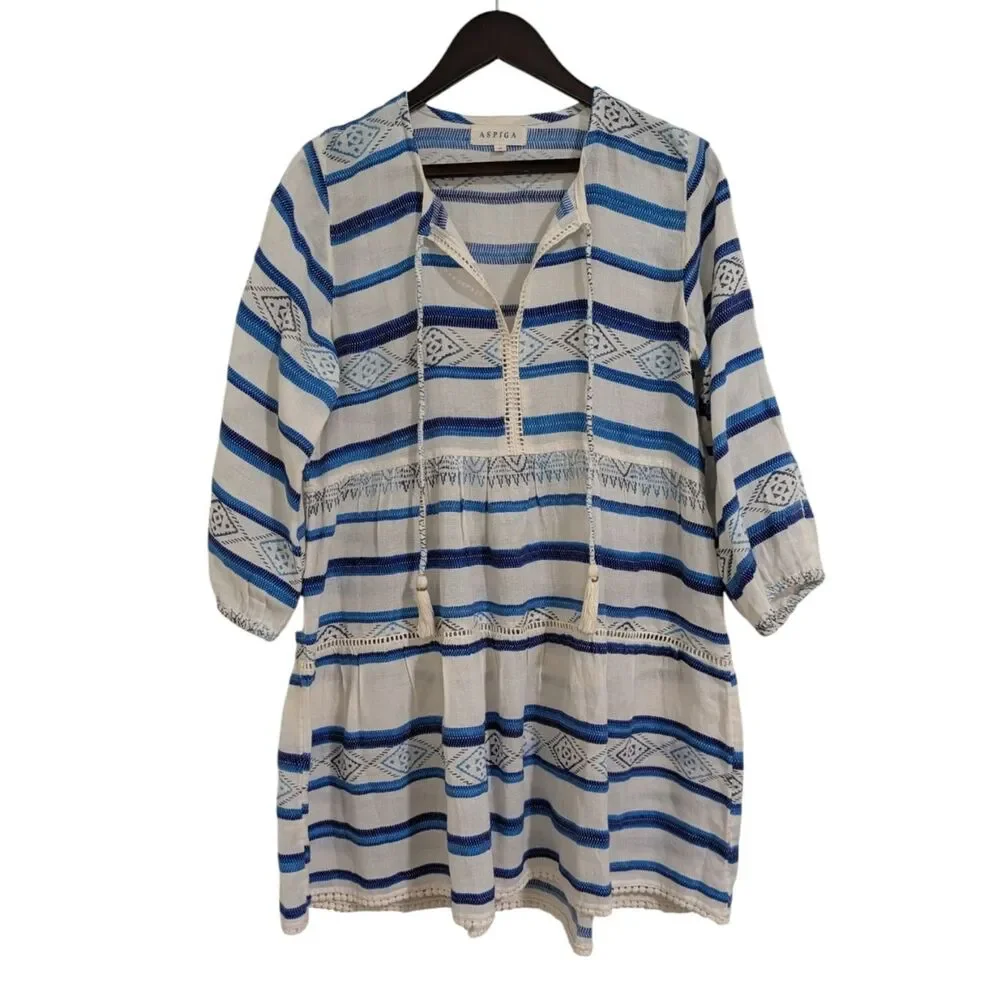 Aspiga Sophia Striped Kaftan Mini Dress - Blue & White Size M - Picture 2 of 6